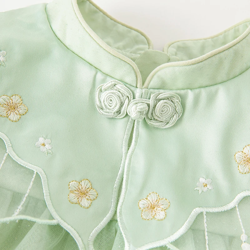 DB3236462 DAVE BELLA Autumn Children Girls Fashion Green Mesh Embroidered Butterfly Lapel Comfort Flower Bag Lace Cuffs Dress