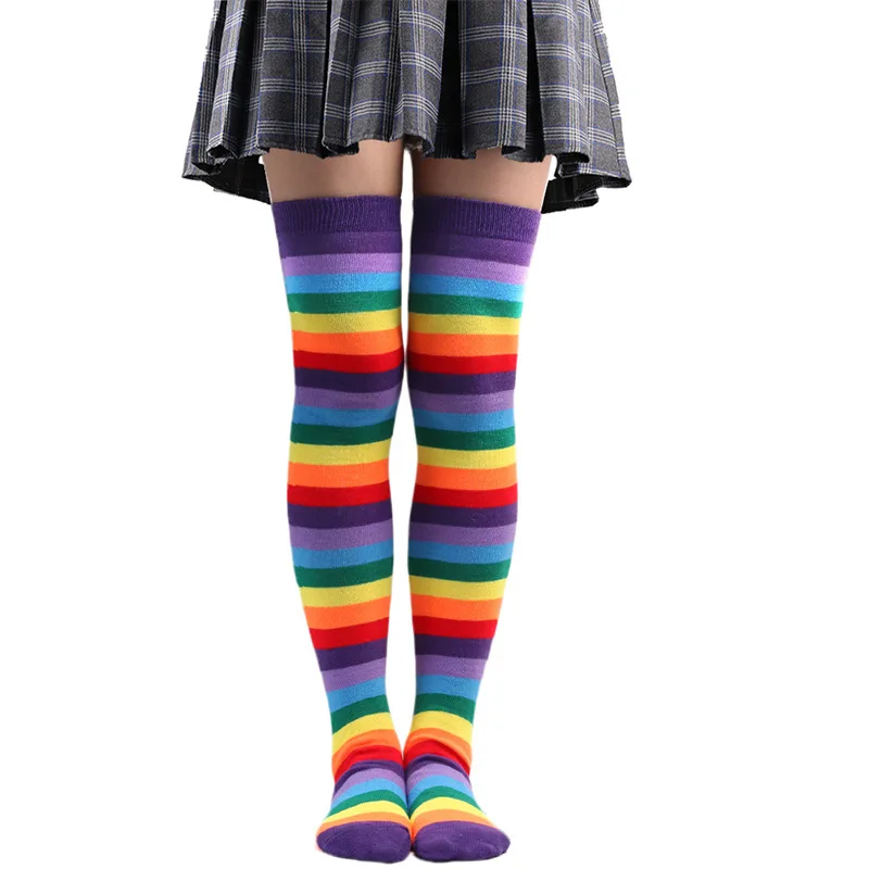 Wholesale Thigh High Over The Knee Knitted Rainbow Stripes Socks For Woman