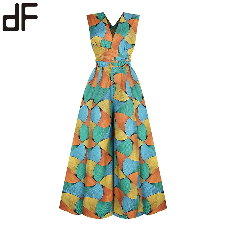 New Arrival African Women Clothes Plus Size Jumpsuits Rompers Windmill Printed Sexy V Neck Backless Night Club Wear Jumpsuits