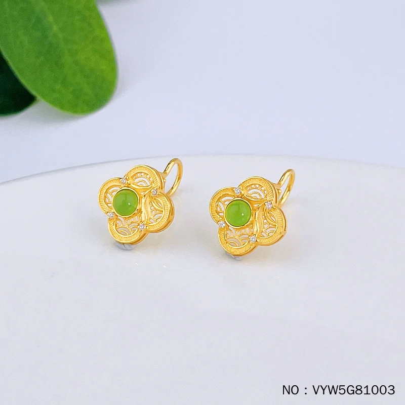 VYW5G81003 24K real gold inlaid Headian jade earrings Jasper earrings Four -leaf grass earrings Jewelry mold customization