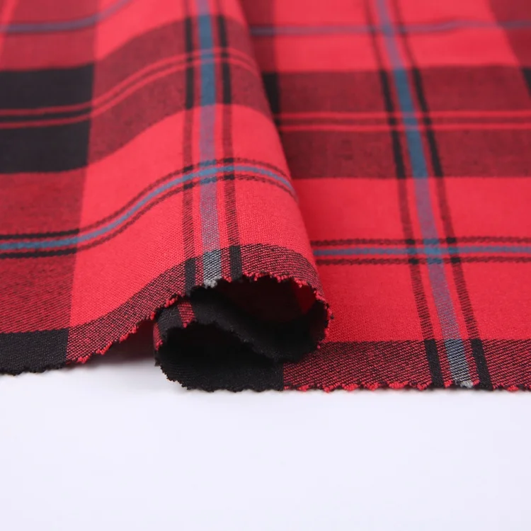 TR 285gsm woven yarn dyed red tartan fabric polyester rayon spandex red big check design plaid fabric for shirt