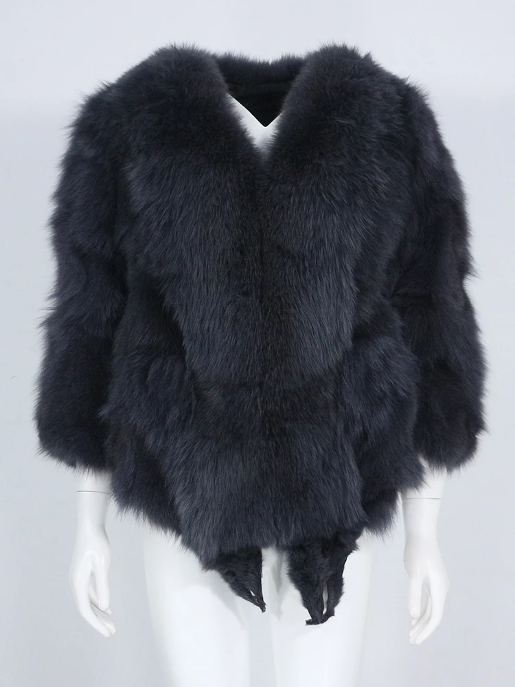 OFTBUY Thick Loose Three Quarter Sleeve Winter Jacket Women Real Fox Fur Coat Bat Style Whole Fox Fur Outerwear Fur Jacket
