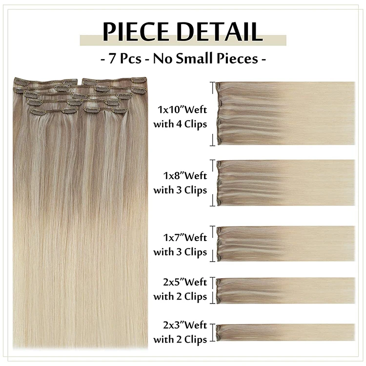 Full Shine Hot Sale Remy Human Hair Clip in Extensions Balayage #18/22/60 Ash Blonde to Platinum Blonde Clip in Hair Extensions