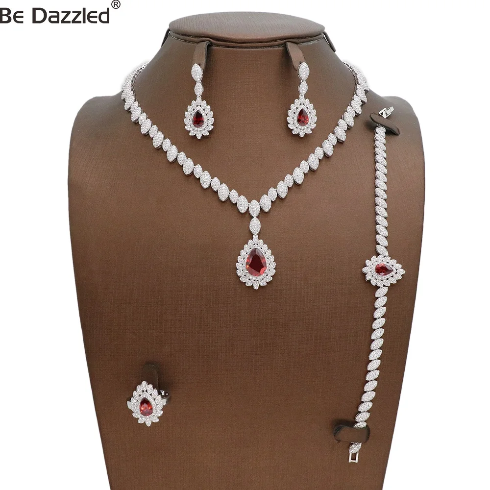Elegant Hot Sale Women Necklace Set  Dark Red Crystal Stone CZ Zircon Silver Color Bridal Prom Wedding Jewelry Sets