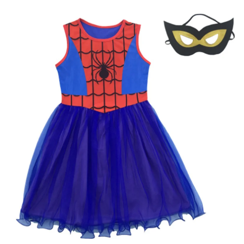 Blue Pink Spider Web Dress for Girls Sleeveless Anime Cartoon Princess Fancy Party costume with Face Shield Cosplay Children