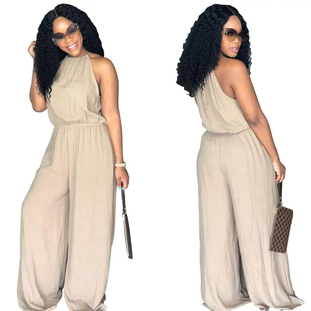 
Wholesale 2019 Women Solid Wide Leg Jumpsuit Sexy Halter Sleeveless Spaghetti Strap Long Pants Rompers 