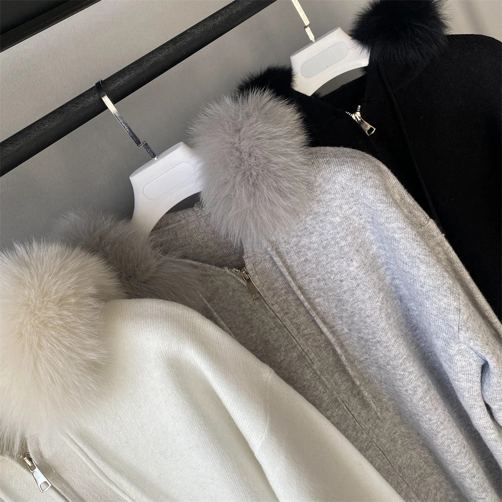 Fall Outfits Luxury Real Fur Collar Hooded Cardigan Long Wide Leg Pants Custom Winter Soft Wool Knit 2 Piece Sweater Set Women