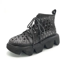 Handmade casual leather retro lace up women shoes 2020 spring and summer new thick bottom slope with ethnic wind hollow sandals