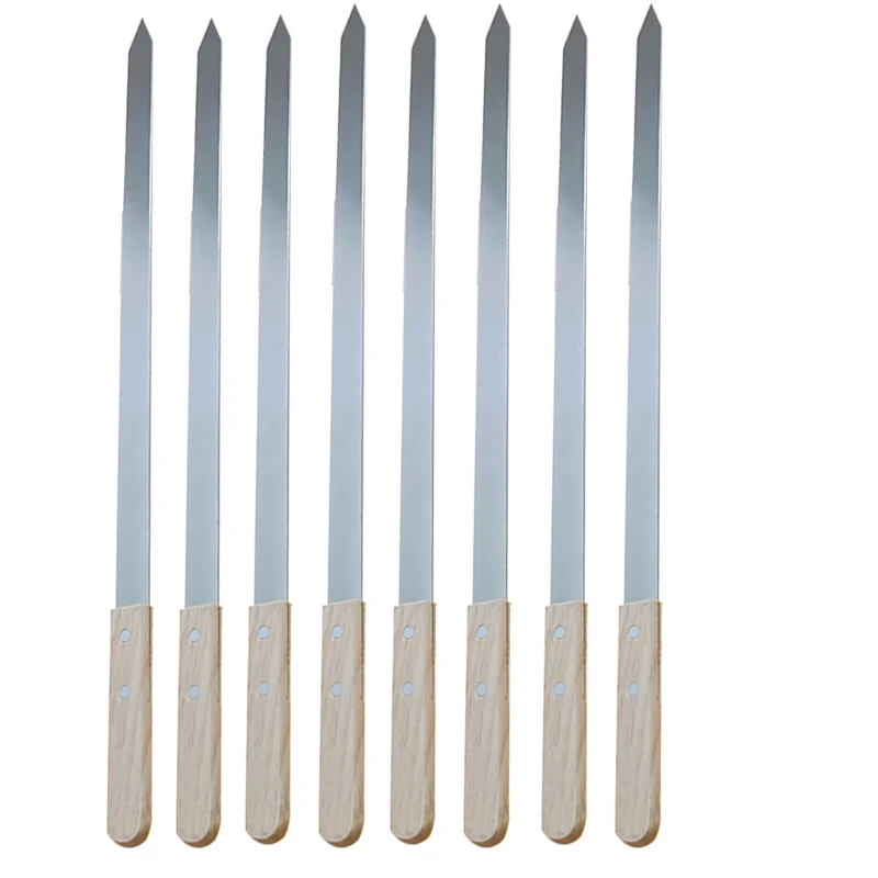60cm Stainless Steel BBQ Skewers Long Handle Barbecue Skewer Kabob Flat Rubber Wood Large Wide Grill Fork