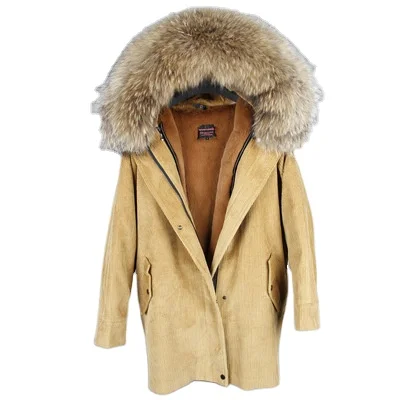 2022Trendy Women Corduroy Fur Parka Detachable Lining Faux Lamb Fur And Genuine Raccoon Fur Hood Frontier Coat