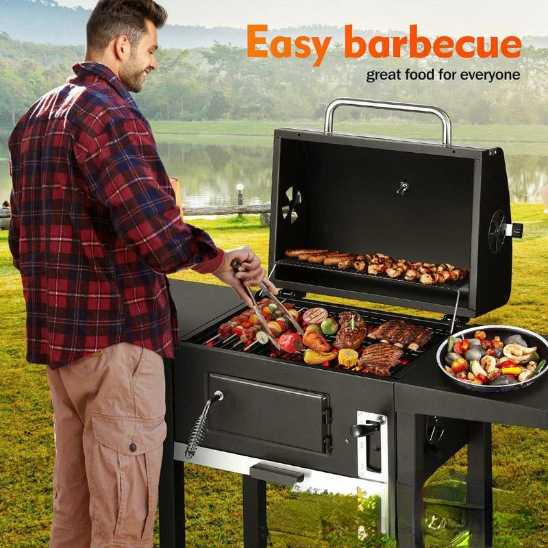 SCB-115 BBQ Grill Round Charcoal Stove Outdoor Bacon Portable 3 in 1 Barbecue  Double Deck Smoker Oven Camping Picnic Cooking