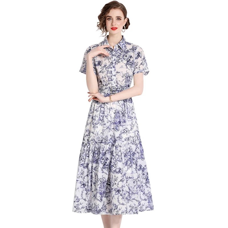 High Waist Slim Fit Dress Versatile Elegant Print Women Dress Chinese Style Printed Waist One Piece Dress