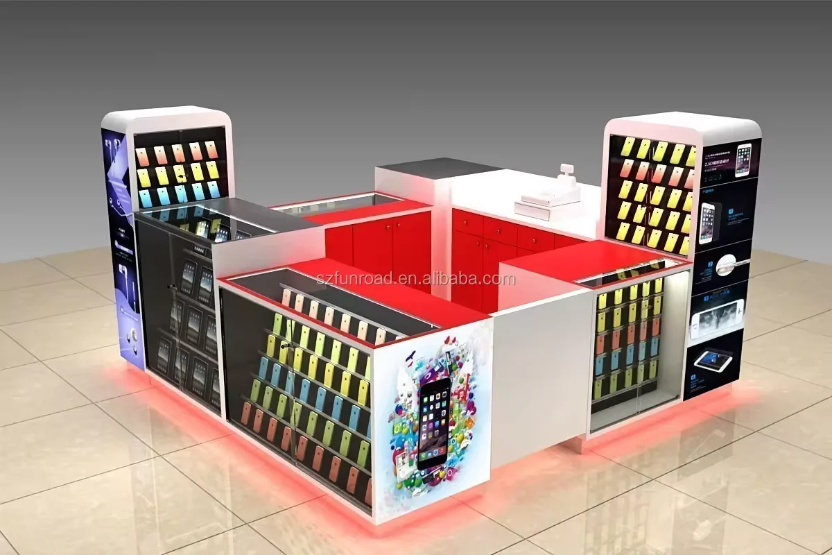 Factory Custom Mobile Phone Case Showcase with Lights Cellphone Repair Counter Display Modern Cell Phone Kiosk for Sale