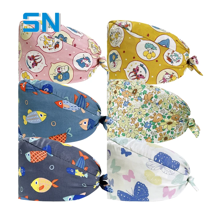 Modern Unisex Hospital Healthcare Cotton Scrub Hat Bonnet with Buttons Printed Surgical Uniforms OEM Model for Nurses Medics