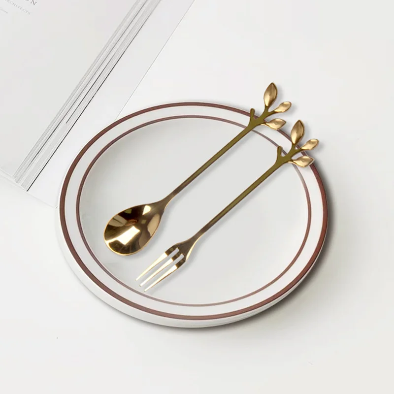 Reusable stainless steel cutlery custom gift box creative coffee stirring leaf spoon fruit fork moon cake fork wedding gift