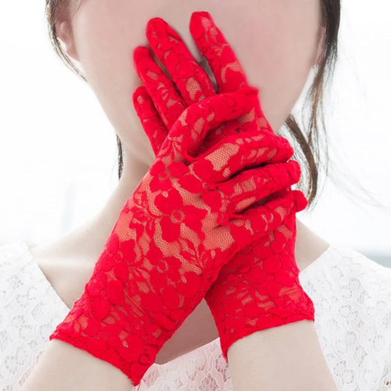 Summer Lace Mesh Drivng Gloves Women Lady Sexy Dressy Short Dance Glove Black Pink Red Sunscreen Full Finger Mittens Accessories