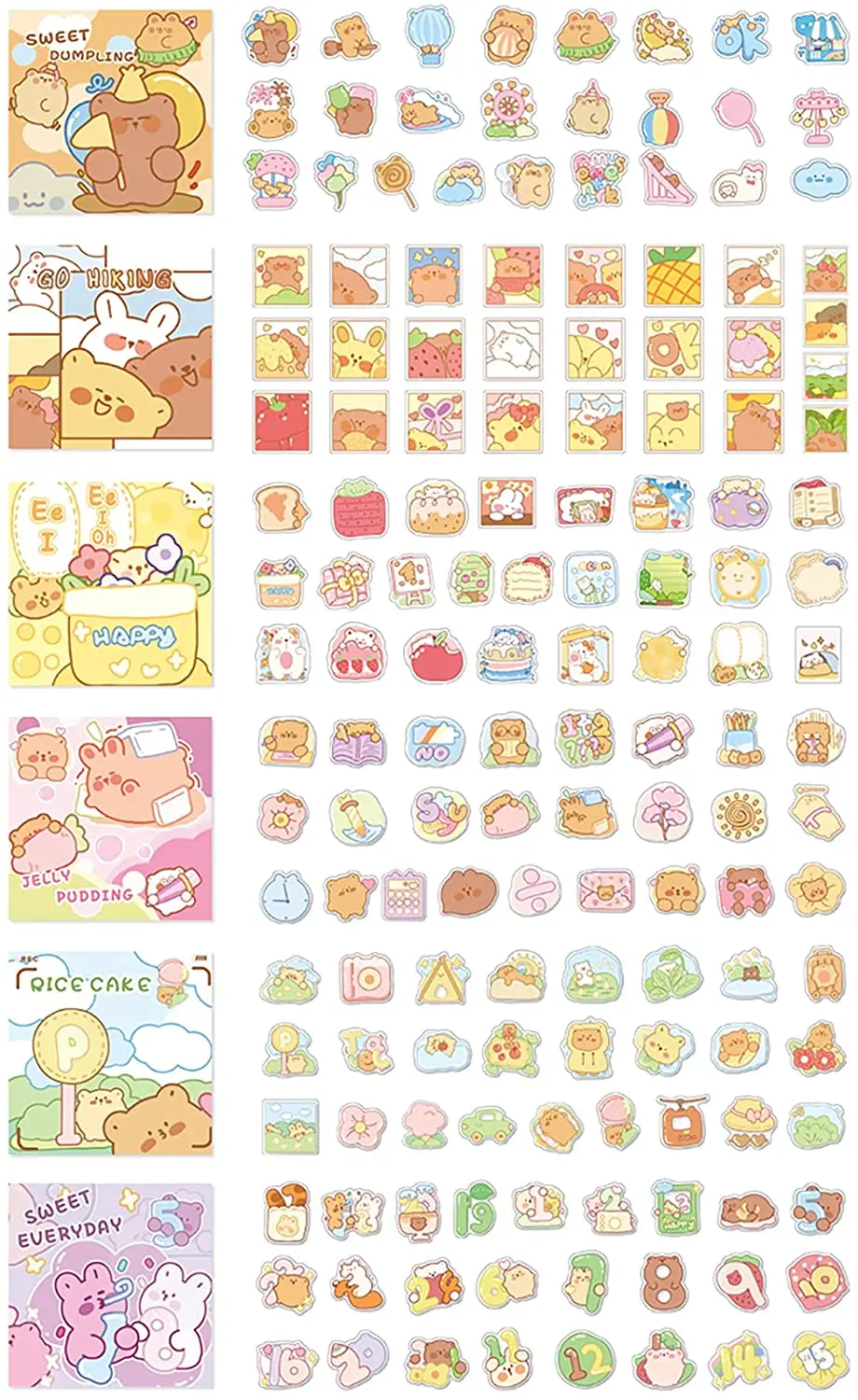 300PCS Cute Cartoon Rabbits Decoration Adhesive Paper Stickers for Scrapbook Planners 6 Themes Lovely Rabbits Stickers