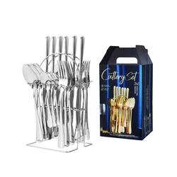 24PCS knife spoon fork stainless steel cutlery set matte white royal gold plated cutlery flatware set