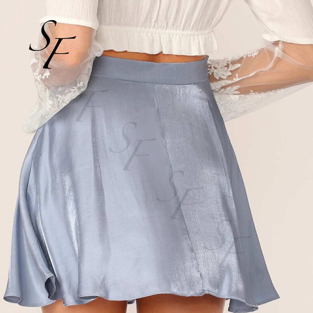 Custom summer casual party luxury plain elastic waist flare short length silk fabric satin evening flared skirts