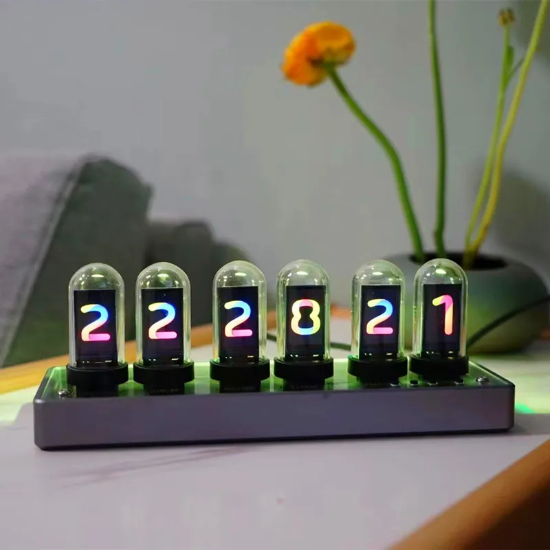 Nixie Tube IPS Vintage Digital Alarm Clock,6 Bit RGB Glow LCD Time Photo Display