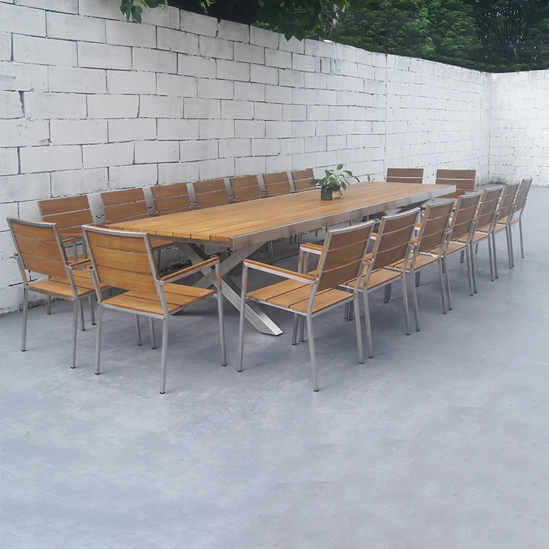 Modern luxury large size outdoor stainless steel teak table garden furniture set