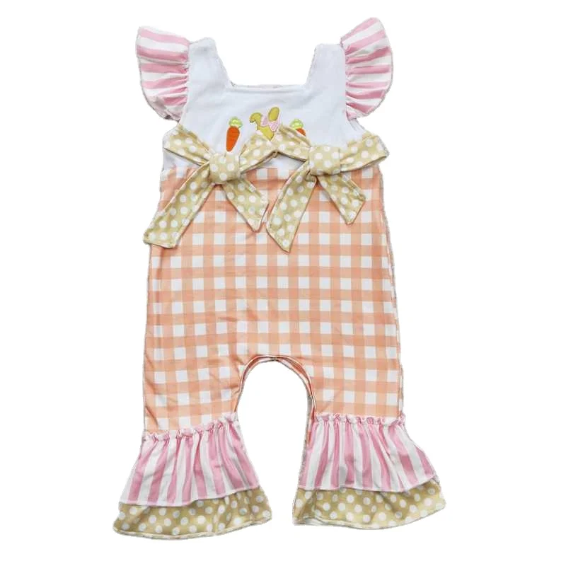 Baby Girl Pink Bunny Sleeveless Jumpsuit Kids Fashion Print Ruffle Plaid Set