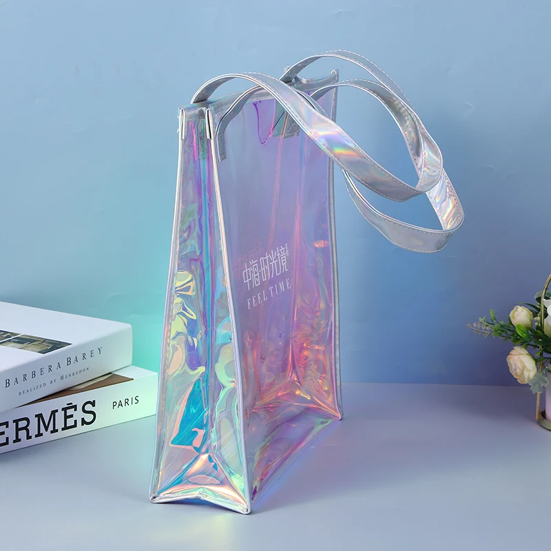 Custom Logo Laser Colorful Holographic Transparent Pvc Tpu Plastic Clear Tote Bags Jelly Gift Shopping Handbags