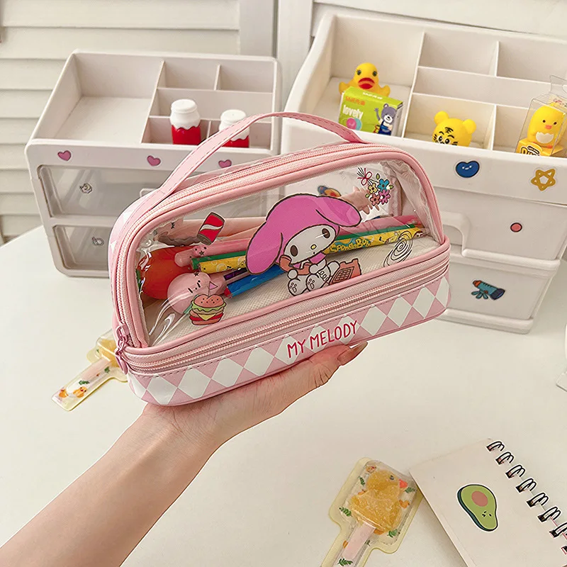 Japanese Kuromi Melody Large Capacity Double Layer Pen Bag Three-dimensional Pu Leather Storage Pen Bag