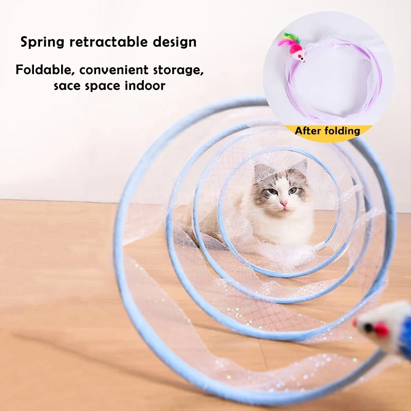Small Animals Playing Exercise Cat Spring Toys Interactive Portable Indoor Folded Cat Tube Tunnels Toy With Feather Mouse Toys