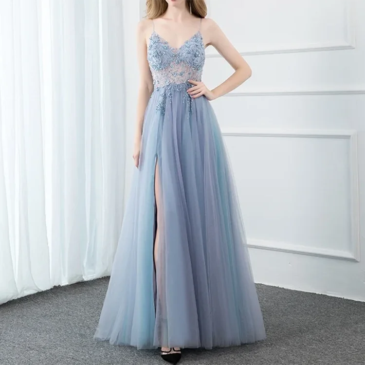 Handmade Beading Spaghetti Strap Gradient Blue Split Tulle Party Dress Prom Dress Long Lace Evening Dress With Open Back