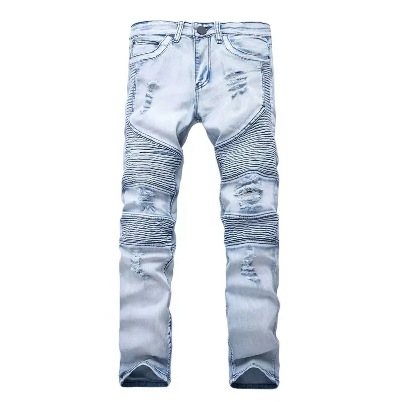Men tie and dye washed slim stretch biker jeans casual ripped bleached dark blue denim pants for motorcycle