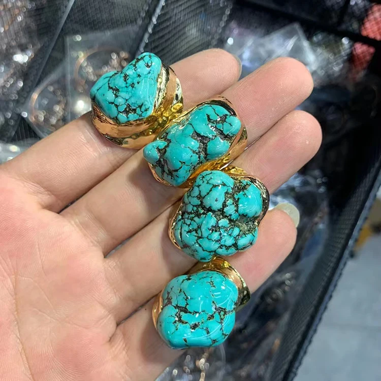 Vintage Natural Stone Ring Cut Natural Turquoise Rings Gold Silver Plated Ring Jewelry