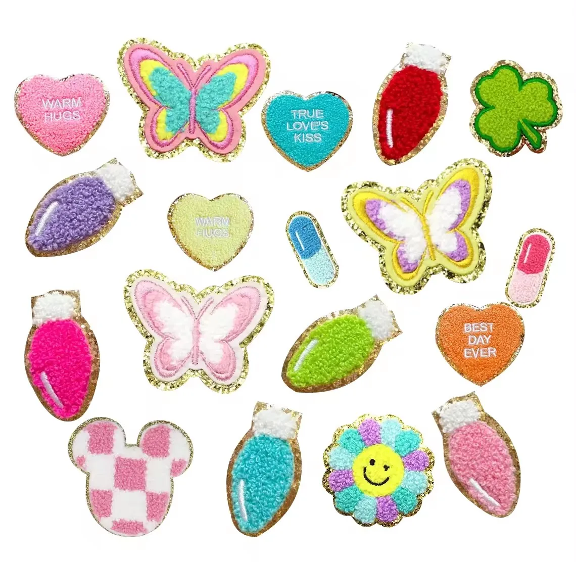 Wholesale custom  chenille patches iron on logo patches. gold glitter patch for clothes