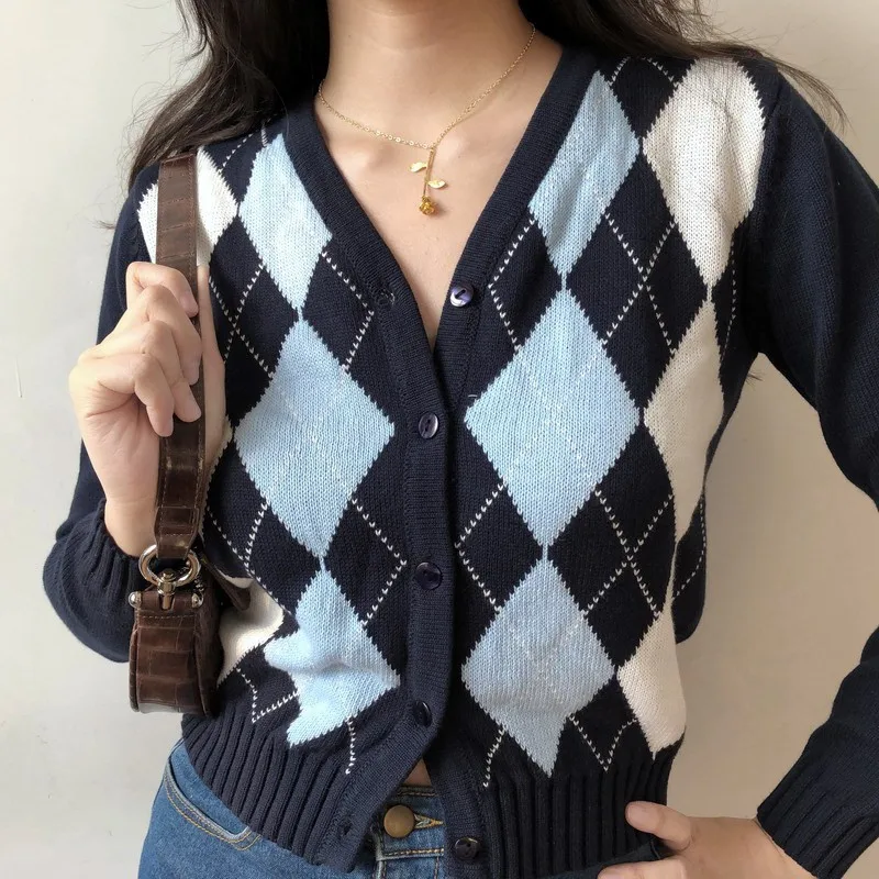 V-Neck Retro Full-sleeve Cardigans Argyle Sweater Knitted Tops Jacket Single Breasted Sweater For Office Lady