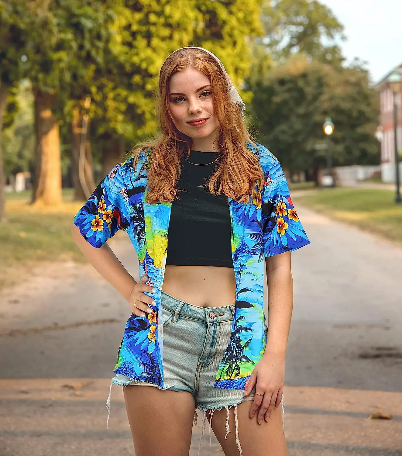 Wholesale Casual Beach Aloha Theme Tropical Beach Front Pocket Short Sleeve Blue Hawaiian Shirt