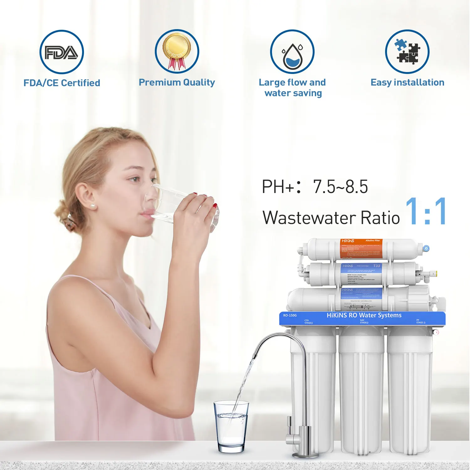 Hikins 150GPD Pumpless Drinking Water Filter Alkaline 6-Stage Reverse Osmosis System Under Sink RO Water Filter System