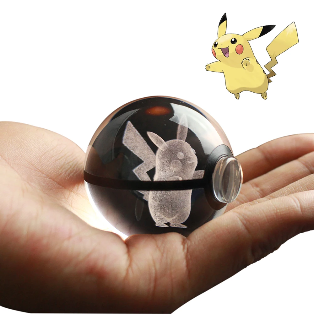 Drop-shipping Crystal 3D Engraving Pokemon Ball With LED Base For Souvenirs Gifts