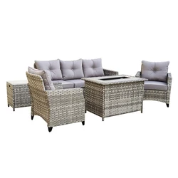 Upgraded And Heighten 5-piece Outdoor Wicker Rattan Patio Sofa Set With Gas Fire Pit Table And Burner System And Cushions