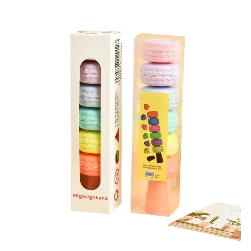 Macaron 6-Color Mini Multicolor Soft Tip round Highlighter Pen Set Creative Brush with Flat Oblique Plastic Material School Use