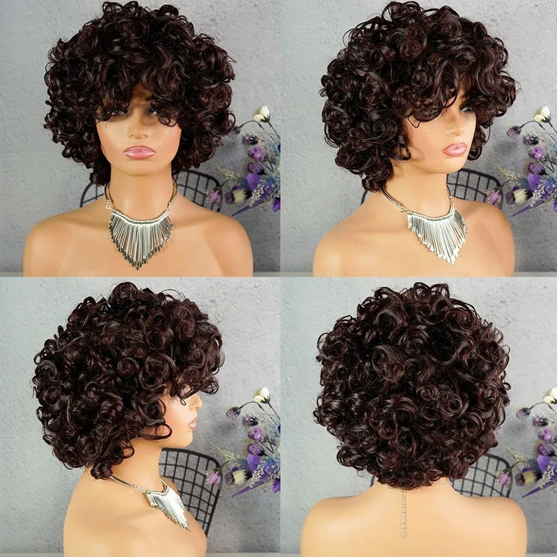 Short Bob Curly Wig with Bangs Human Hair Pixie Cut Wig Bouncy Curls Wear and Go Glueless Wigs for Black Women