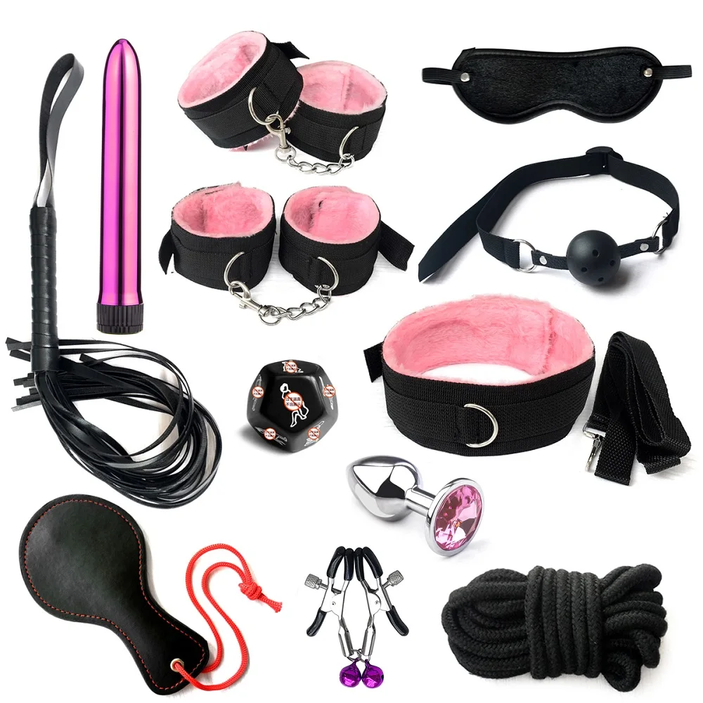 Pink Restraint Slaves New Bondage Kit Ball Gag Cuff Whip Collar Fetish Sex Adult Games bdsm furniture