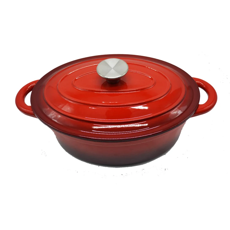 Enameled red oval cast iron dutch oven with two ears