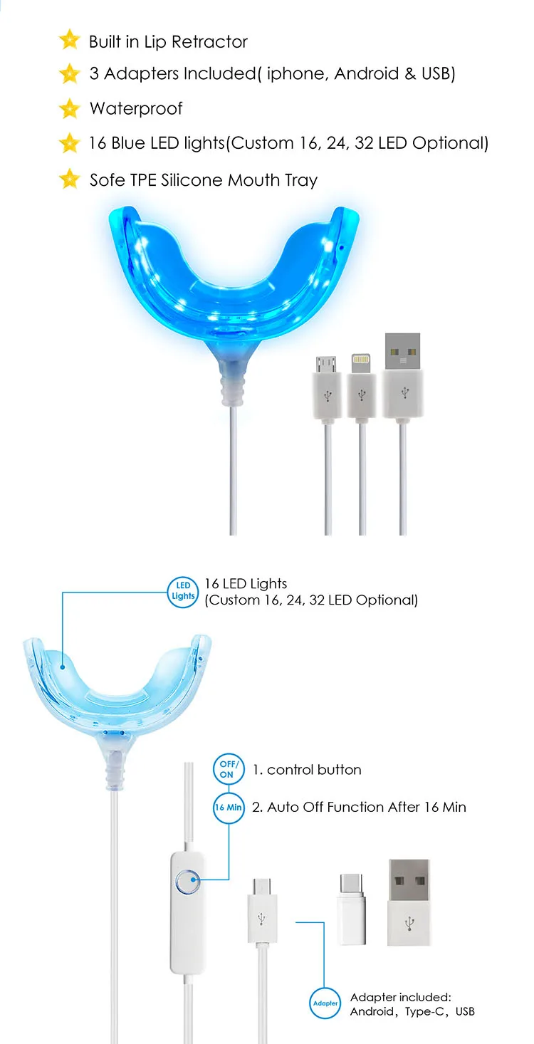 New Design 16 or 24 LED iPhone Android Phone USB Adapter Mouth Tray Teeth Whitening LED Accelerator Light