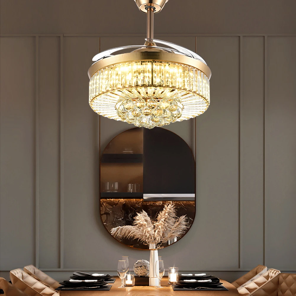 Chandelier Golden 42inch  Brushed Luxurious Walnut Public Retractable Modern Crystal Medium Luxury Ceiling Fan