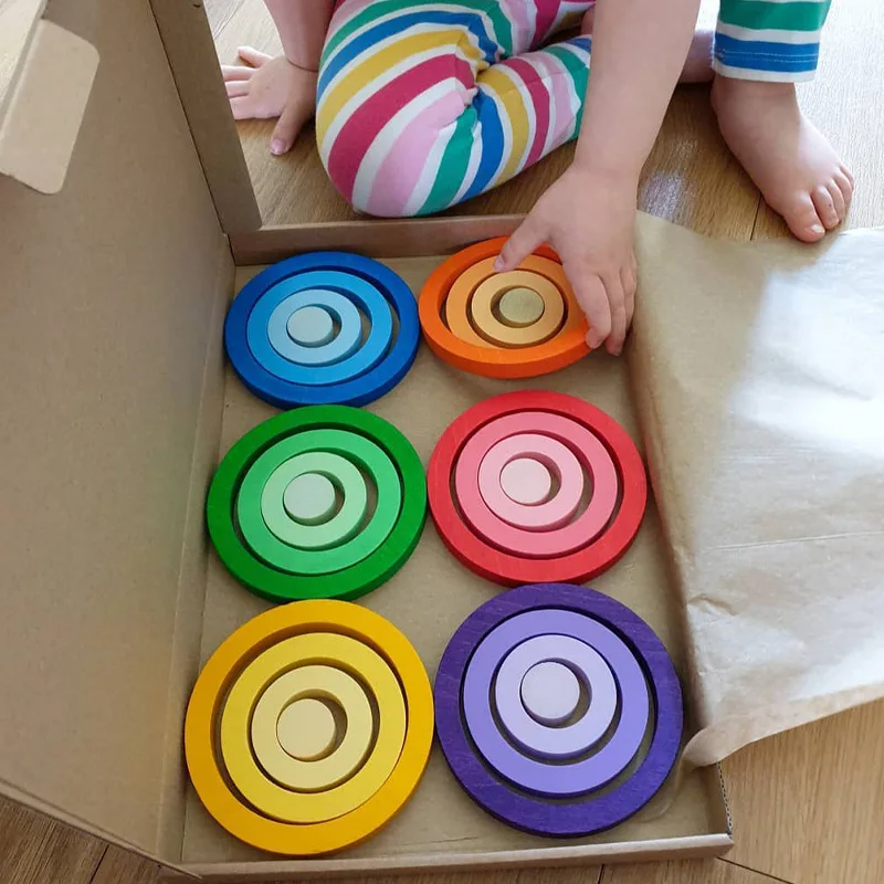 in stock Colorful and natural Assemble Ring circle shape set rainbow wood educational grapat wooden toys