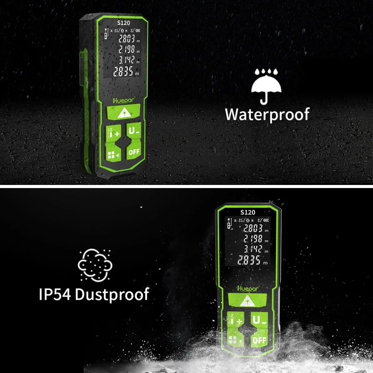 Huepar S120-G Metro Laser Msasure Distance Meter 393 Feet Green Point Pockets For Easy Carrying