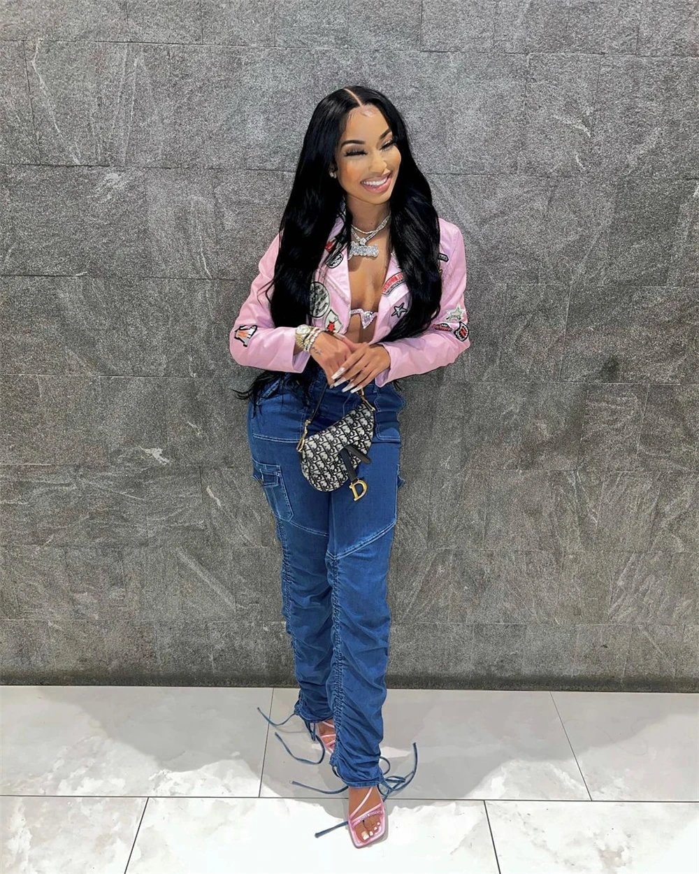 Fall 2023 Women Clothes Faux Leather Biker Jackets For Ladies Pu Leather Cropped Motorcycle Jacket Patches Leather Jacket