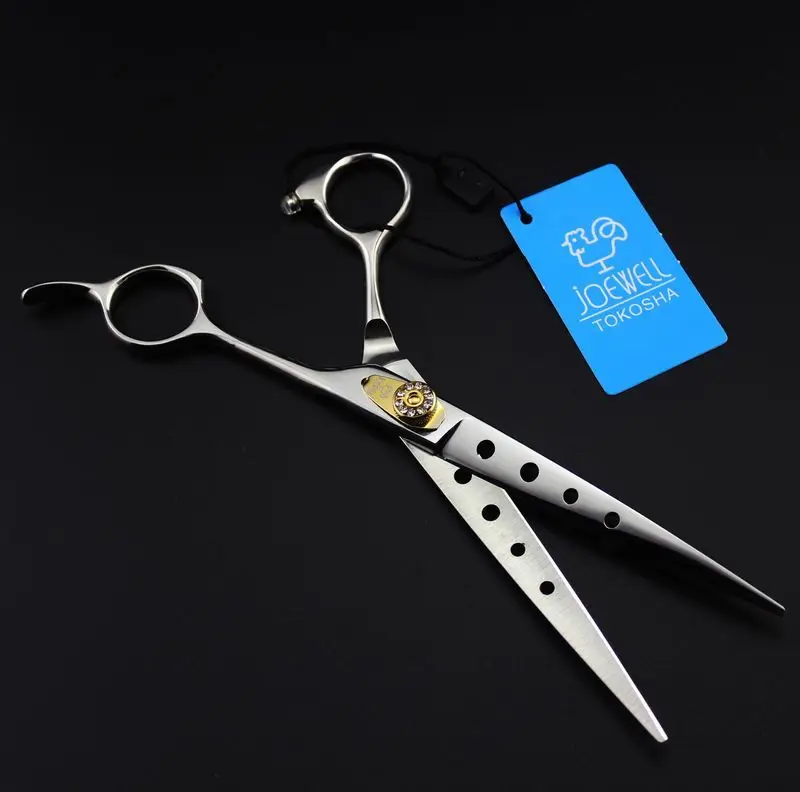 free shipping JOEWELL 7.0 inch 440C stainless steel hair cutting  scissors with hole on hand with leather case