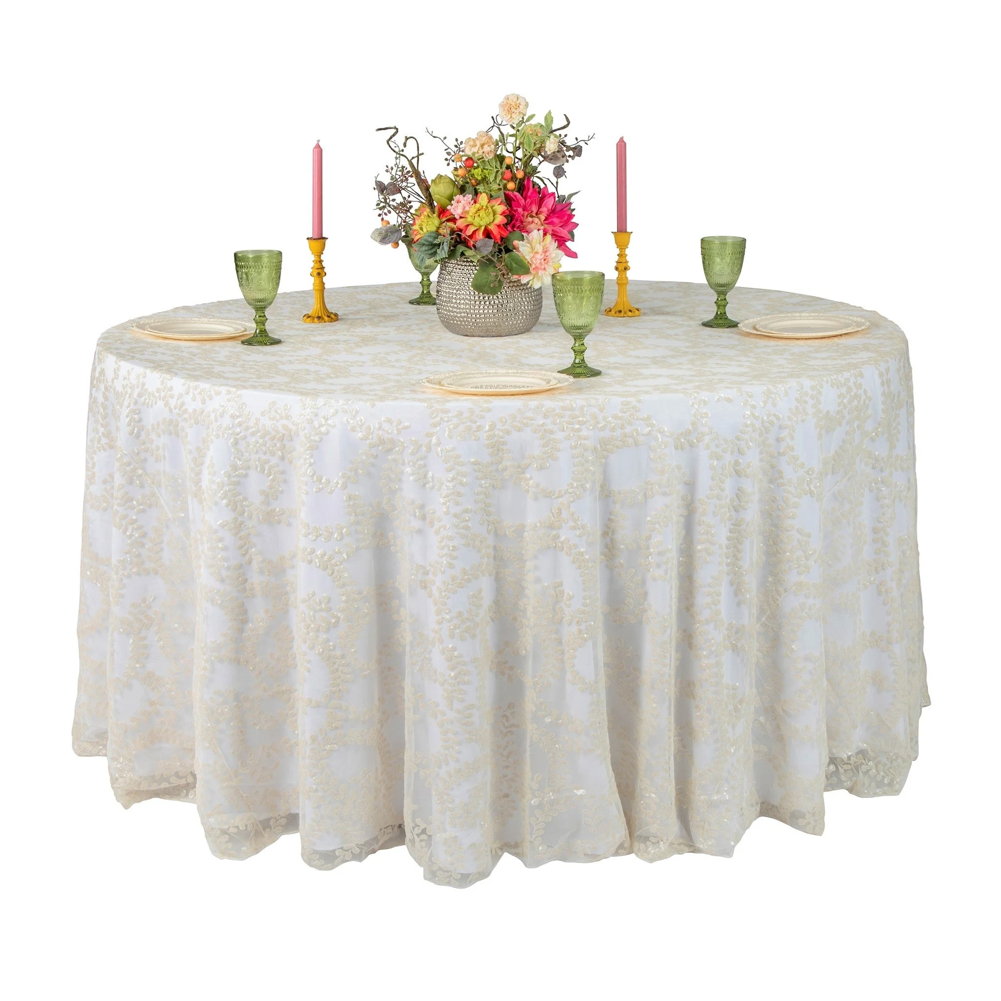 Luxurious Decorative Ivory Sequin Vine Tablecloth Overlay