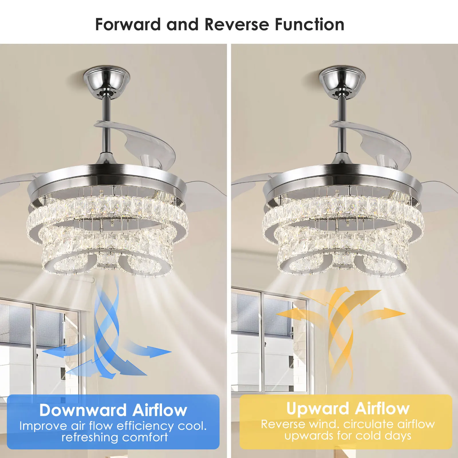 42-Inch Modern Smart LED Ceiling Fan with Transparent Blade Dimmable Light and Remote Control with Memory Function for Home Use